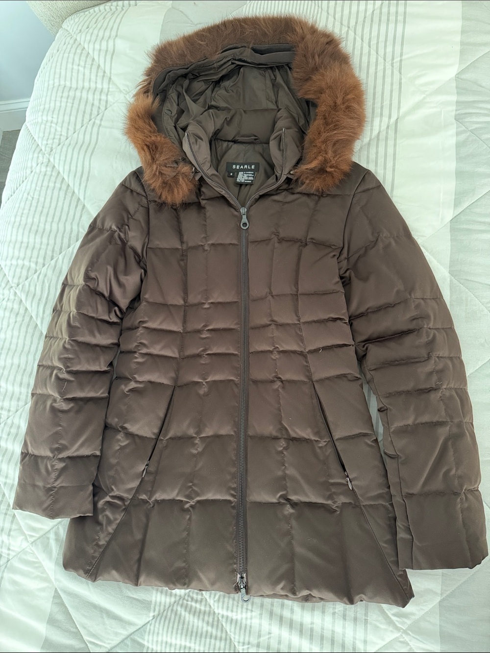 Searle Chocolate Brown Quilted Hooded Puffer with Faux Fur Trim